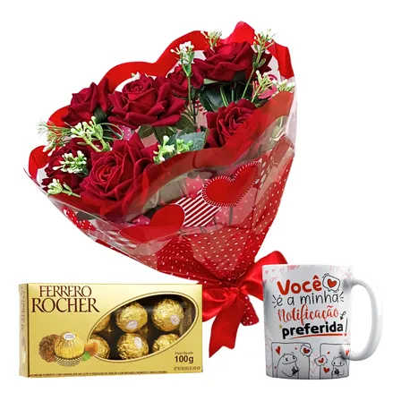 Buquê De Rosas + Ferrero + Caneca De Amor Para Presente