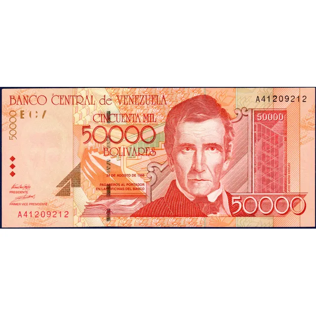 Billete De 50000 Bolívares A8 Agosto 24 1998 José M Vargas