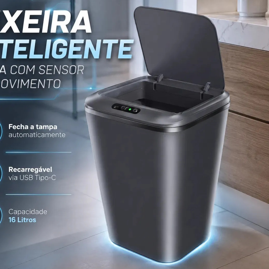 Lixeira inteligente Earman Company na cor cinza com tampa aberta, sensor de movimento visível e luz indicadora verde, exibindo especificações técnicas ao lado.
