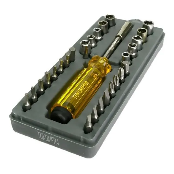 Destornillador 28 Puntas Dados Hexa Torx Estrias Planos 1/4