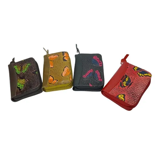 Porta Documento Mujer Multicolor Diseño Mariposas 100% Cuero