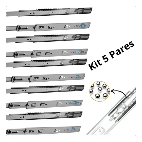 5 Pares Corrediça Telescópica 35cm Para Gaveta Trilho Reforç
