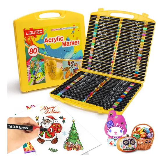 80 Colores Marcadores Ligutec Acrílico Plumones Punta de Pincel Papeleria Madera Vidrio Tela Zapatos Funda Teléfono Móvil Huevo Pintura No Toxico para Niños Adultos