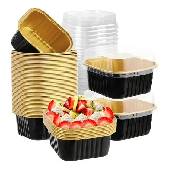 Banna 50 Molde Aluminio Desechable 300ml Con Tapa, 10 Oz/300ml Moldes Para Tartas, Moldes Cuadrados De Foil Para Tartas De Bodas, Fiestas Y Cumpleaños, 11 .2* 11 .2* 4 Cm , Negro