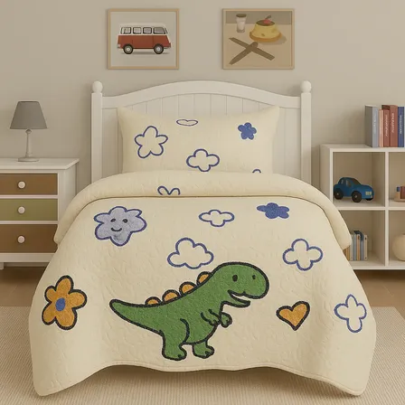 Kit Colcha Cobre Leito Infantil Menino Menina Solteiro 2 Pçs Cor Palha Dino