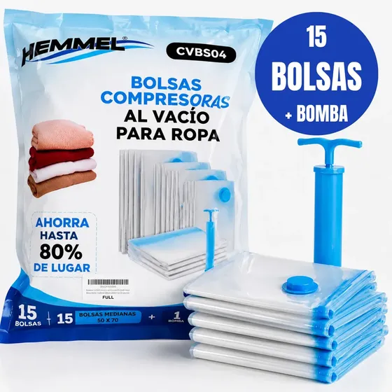 Bolsas Al Vacio Set X15 De 50cm X 70cm Con Bomba Manual Para Ropa Acolchado Viaje Valija Hemmel CVBS04