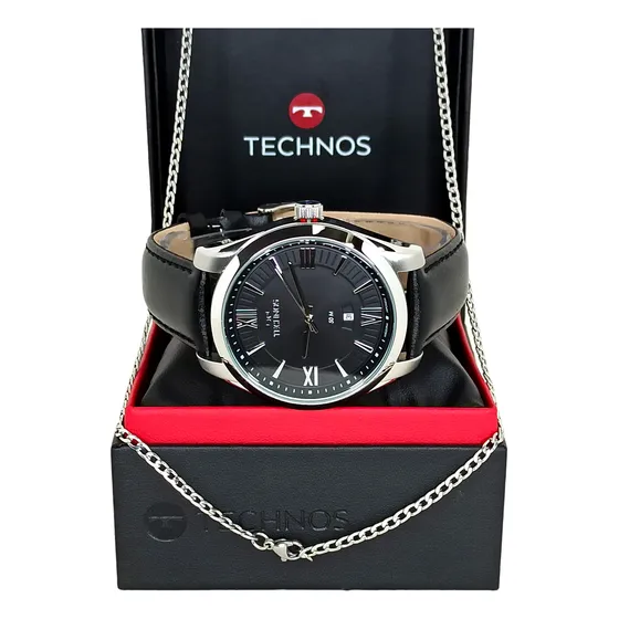 Relógio Technos Masculino Prateado Pulseira De Couro Preto
