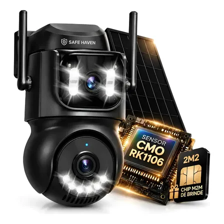 Câmera Solar 4k Uhd Safe Haven Zoom 10x Sensor Cmo Rk1106 6mp Alta Definição Duas Lentes Visão Noturna Infravermelha E Colorida Nexgen Inteligente Nova Geração Linha Tq13