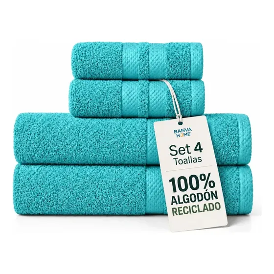 Juego 4 Toallas Bano Color Turquesa Algodon Reciclado Toalla Manos Toallon Cuerpo 400 gr Suave Ligeras