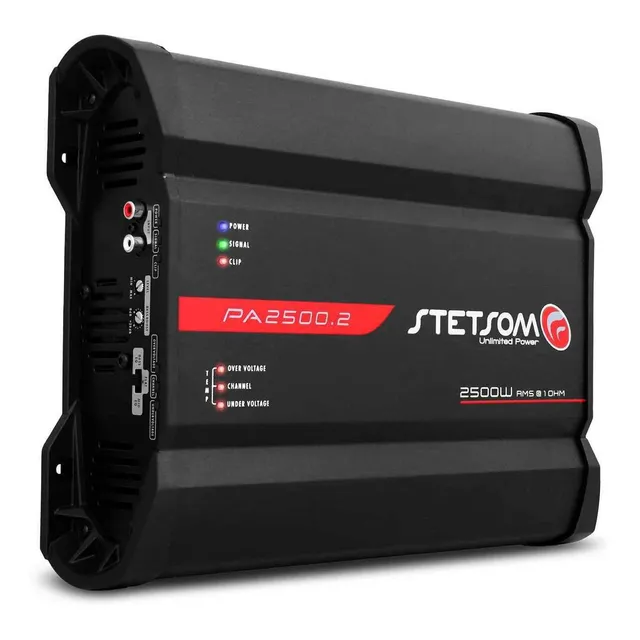 Módulo Amplificador Stetsom Pa2500.2 2500w Rms 2 Canais 1 Ohm ampla resposta frequência com graves profundos médios e agudos bem definidos, equalizador, FLAT, BASS BOOST, SMART COOLER
