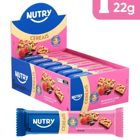 Barra de Cereais Nutry Morango com Chocolate 22g - Display Com 24 Unidades - Com 3 Cereais e Fruta