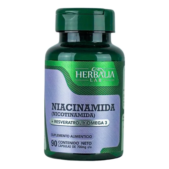 Nicotinamida en Cápsulas Beneficios para la Piel Apoyo Antioxidante 90 Cápsulas 700mg Herbalia Lab Niacinamida Resveratrol Omega 3