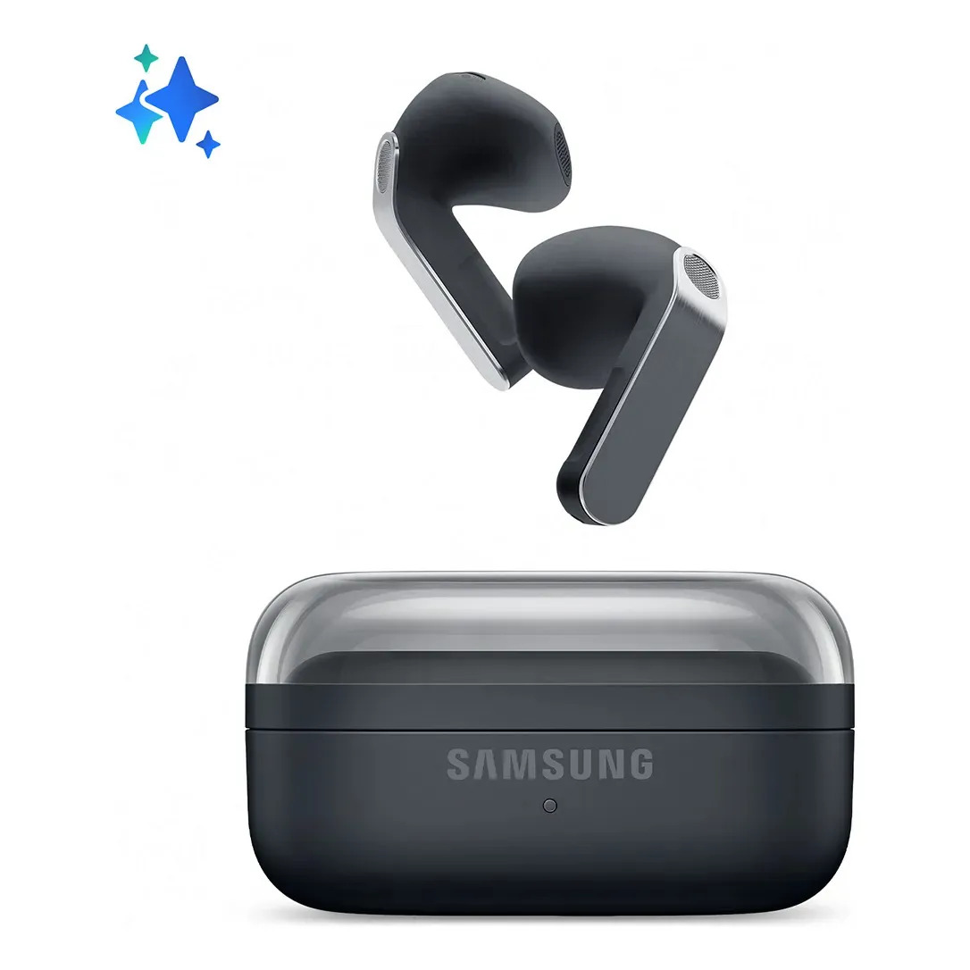 Fone de ouvido in-ear sem fio Samsung Galaxy Buds4 na cor preta, acompanhado de seu estojo de carregamento aberto.