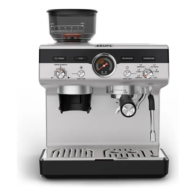 Cafetera Máquina de Espresso Manual Precision Essential, KRUPS 30 Niveles de molido, boquilla de vapor, salida para 1 o 2 tazas, incluye 2 filtros de acero inoxidable y tamper, XP801TU0
