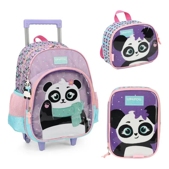 Mochila Infantil Rodinhas Panda Com Lancheira E Estojo Lilás