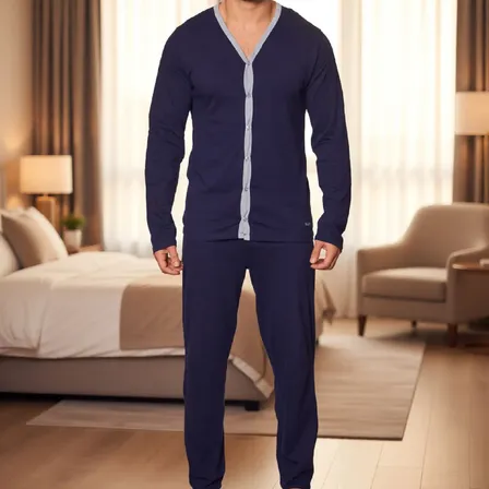 Pijama Mash ALG. Ml C/ Botão + Calça Elástico Embutido Azul-marinho Liso M