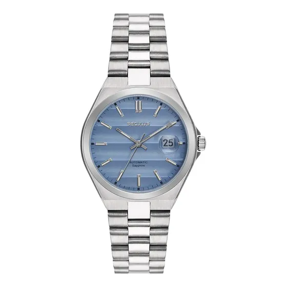 Relógio Seculus Automático 77313g0svna2 Prata E Azul Correia Prateado Bisel Prateado Fundo Azul-claro