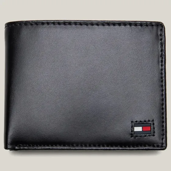 Billetera Negra Tommy Hilfiger, Diseño Cuero Negro Liso