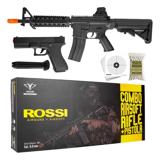 Kit Rifle Fuzi Airsoft M4 E Pistola V307 Vigor Spring Rossi 6mm Preto 6 Mm Kit Completo Loja Blowback