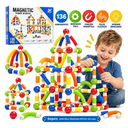 MoveBrinca Conjunto de 136 palitos magnéticos de construção Lictin, blocos magnéticos elásticos com bolas coloridas, brinquedos de construção com hastes 2D e 3D para crianças a partir de 3 anos