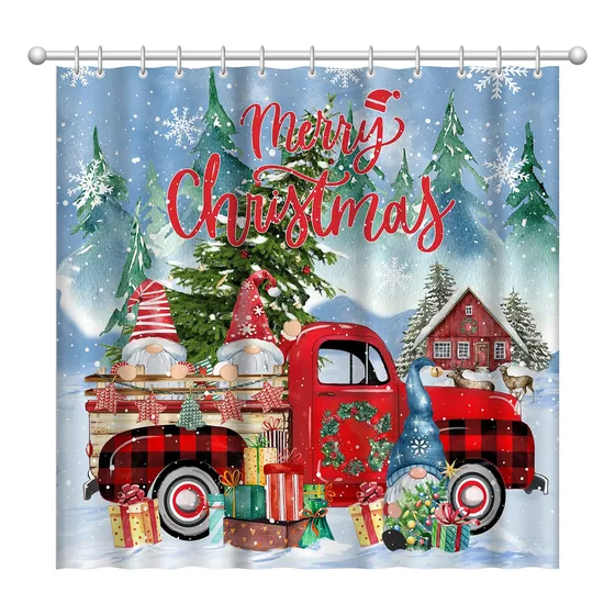 Pinata Cortina Ducha Navidad Para Baño Camion Rojo Gnomo 72