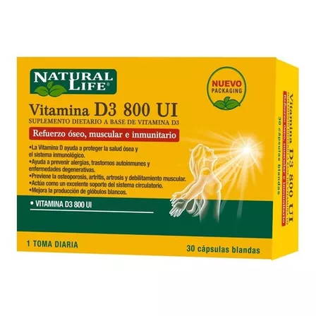 Natural Life Vitamina D3-800 Ui 30 Cápsulas Blandas Sabor Sin sabor