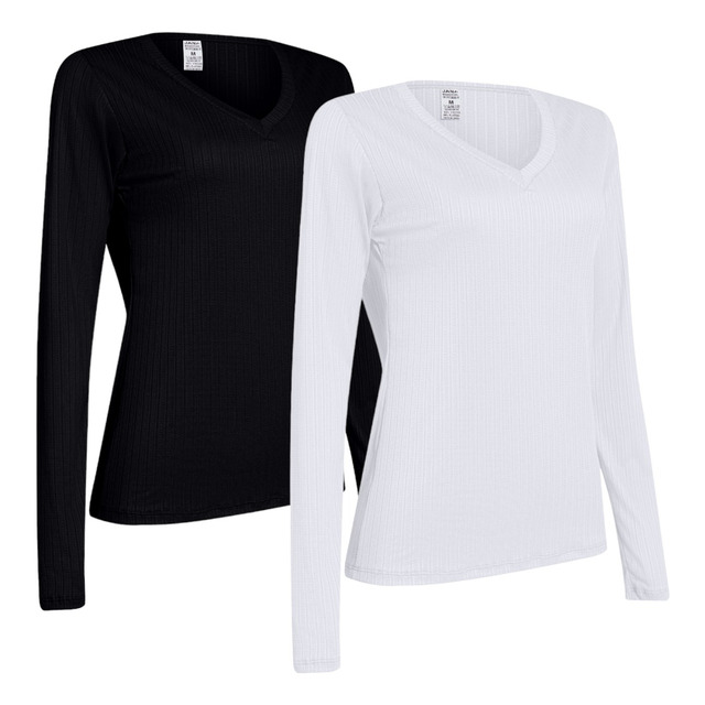 Kit 2 Blusa Feminina Babylook Canelada Manga Longa Gola V Kit 2 Blusa Feminina Babylook Canelada Manga Longa Gola V