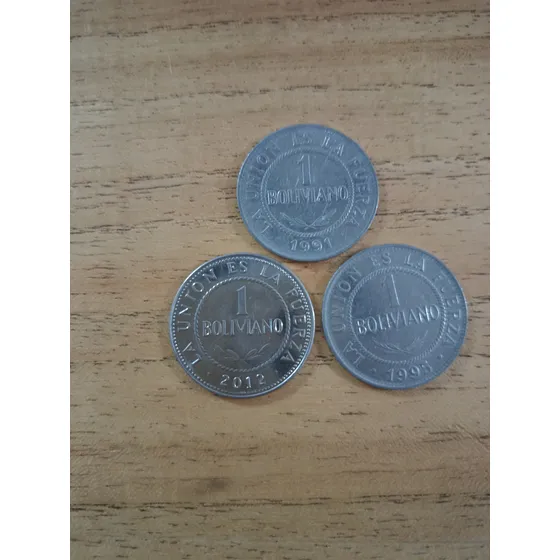 3 Monedas De 1 Boliviano. Años 1991, 1995 Y 2012