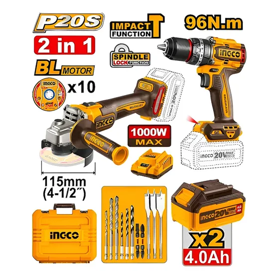 Kit A Batería Taladro 96nm Y Amoladora C/2 Bat Ingco Amarillo 50
