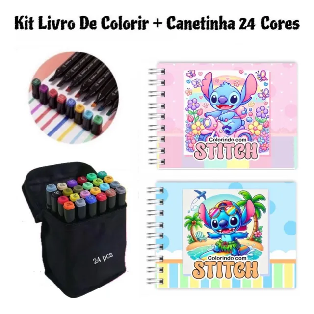 Kit Livro Colorir Stitch Caderno Capa Dura + Estojo Canetinhas Cores Ponta Dupla Estilo Bobbie Gude Goods