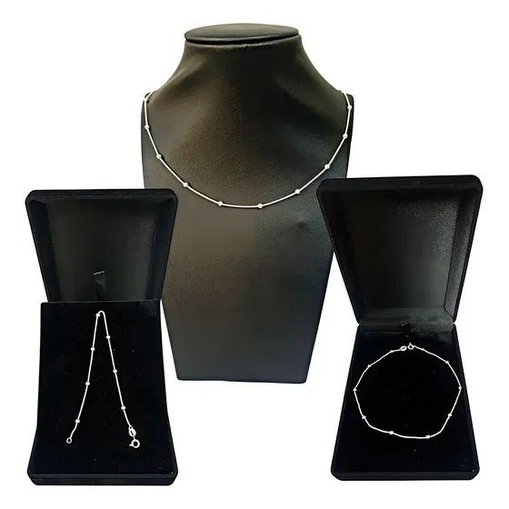 Kit Trio Prata 925 Tornozeleira Pulseira Colar Bolinhas Elo Diâmetro 45 cm