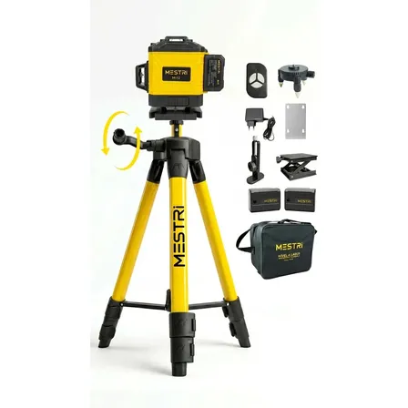 Kit Nível A Laser Verde 12 Linhas Esquadro + Suporte + Tripé Profissional Não Balança De Ate 1 Metro Com Manivela De Regulagem E Bolha Nivelamento - Mestri