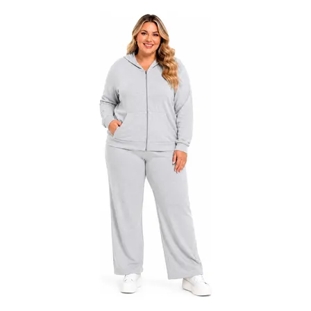 Conjunto Feminino Plus Size Elegante Tendência Capuz Bolsos Cinza G3