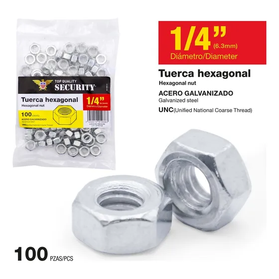 Tuerca Hexagonal Galvanizada 1/4 Unc Grado 2 (paqt X 100)