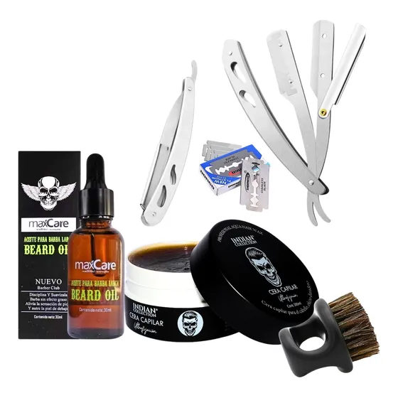 Kit Barbería Cepillo Aceite De Barba Navaja Cera Cabello