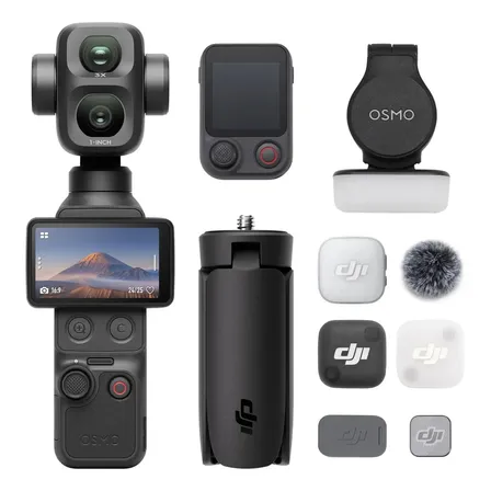 DJI Osmo Pocket 4P Vlog Combo, cámara dos objetivos, tomas de cine 4K, Zoom óptico de 3×, 4K/240 fps, rango dinámico de 17 pasos, 103 GB de almac. integrado, luz de relleno, Osmo FrameTap