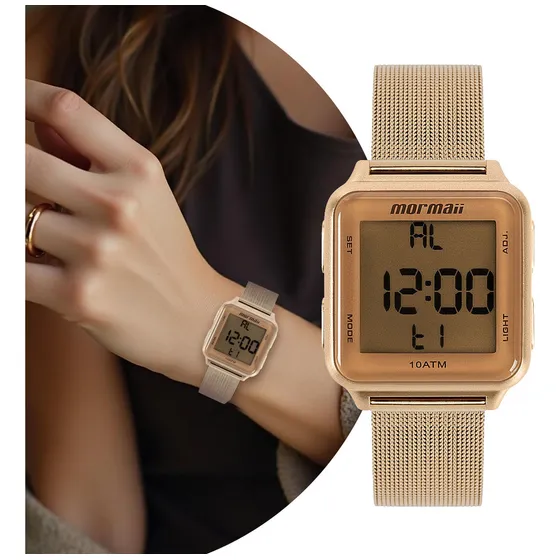 Relógio Feminino Digital Rosé De Pulso Pulseira De Aço Inoxidável Resistente À Água Em 10 Atm Quadrado Luxo Fashion Com Cronômetro, Alarme, Calendário E Imuminação Noturna - Mormaii Mo21800/7j