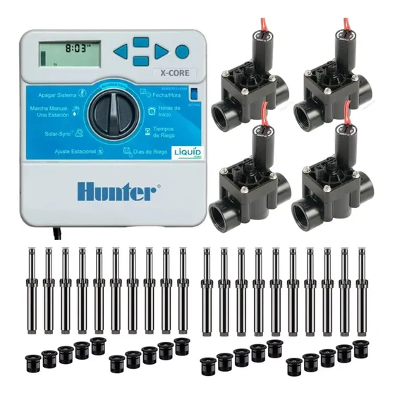 Kit De Riego Automático Hunter Xcore4 Con Electroválvula Pgv100 Y Boquilla Psu-04 17a Hunt Kit Programador PSU 17A 25