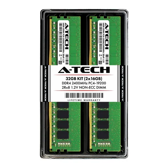 Memoria Ram 32gb A-tech Ddr4 2400mhz Kit (2 X 16gb) Pc4-19200 Non-ecc Unbuffered Dimm 288-pin 2rx8 1.2v Dual Rank Comput