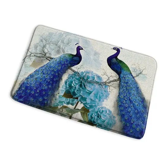 Do Alfombra Baño Pavo Real Pintura Oleo Azul Pajaro Verde X