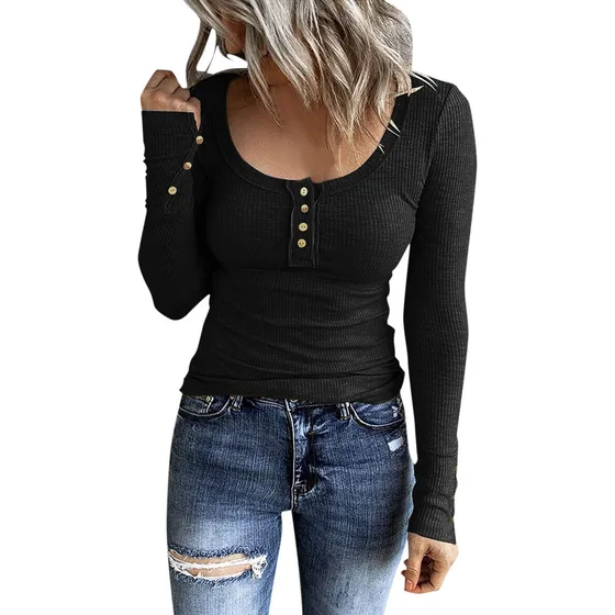 Camisa Manga Larga Para Mujer Camiseta Henley Boton Corte