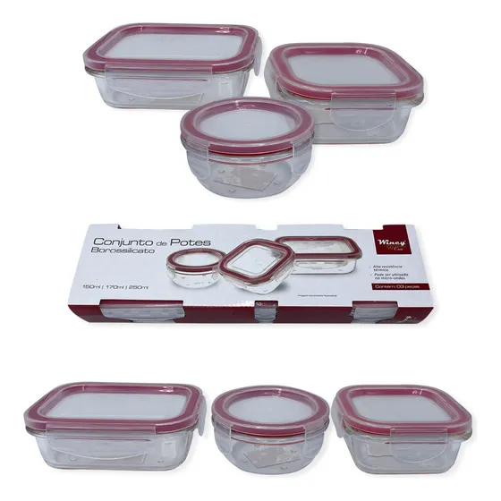 Conjunto 3 Potes Vidro Tampa Hermética 150ml 170ml 250ml Kit