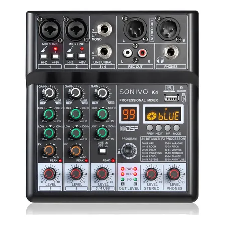Cvlite Mesa De Som 4 Canais Console De Áudio Bluetooth Com Usb + 99dsp Mesa Som Digital Para Estúdios De Gravação E Shows