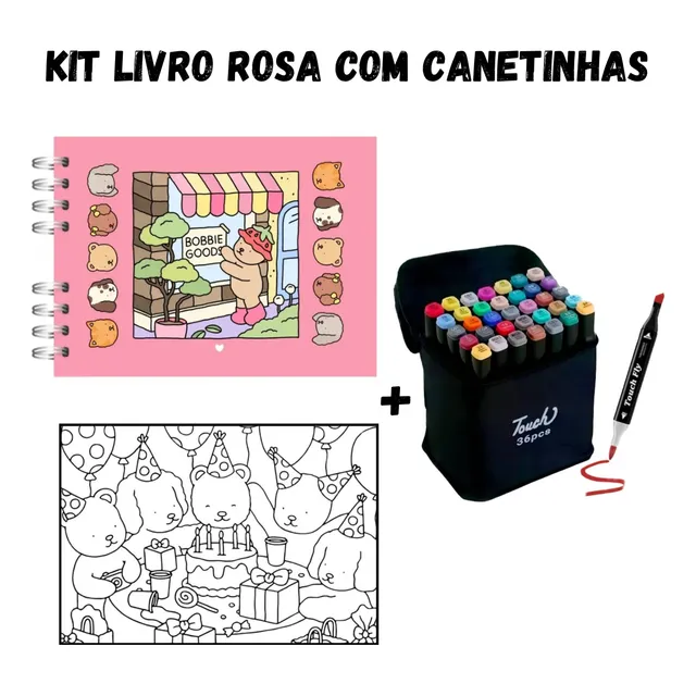 Kit Livro De Colorir Bobbie Goods Capa Dura 50 Páginas Desenhos + Conjunto Estojo Caneta Canetinhas 36 Cores