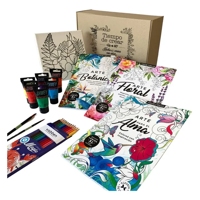 Kit Arte 3 Libros Colorear Lienzo Lápices Pintura Pinceles