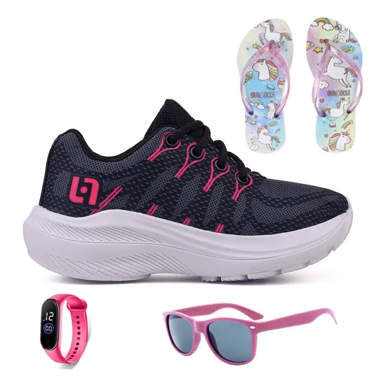 Tenis Infantil Casual Leve Meninas + Chinelo Oculos Relogio