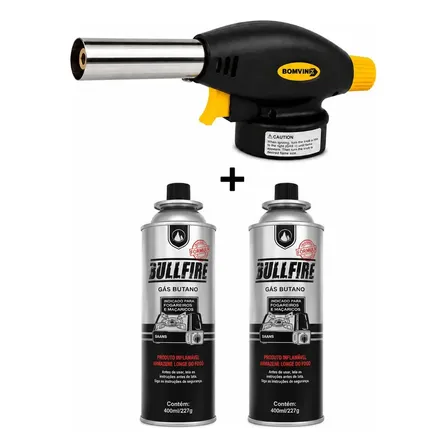 Kit C/2 Refil + Maçarico Portátil Com Regulagem Gourmet Preto/amarelo