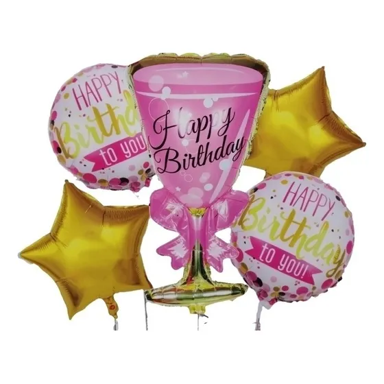 Juego 5 Globos Con Globo De Copa De Champagne Happy Birthday