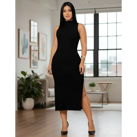 Vestido Canelado Premium C/ Gola Fenda Lateral Casual Básico