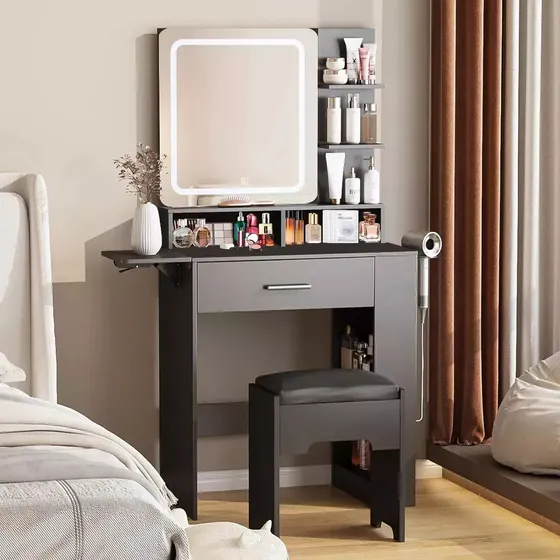Tocador Multifuncional Con Espejo Led Con Enchufe Para Niñas